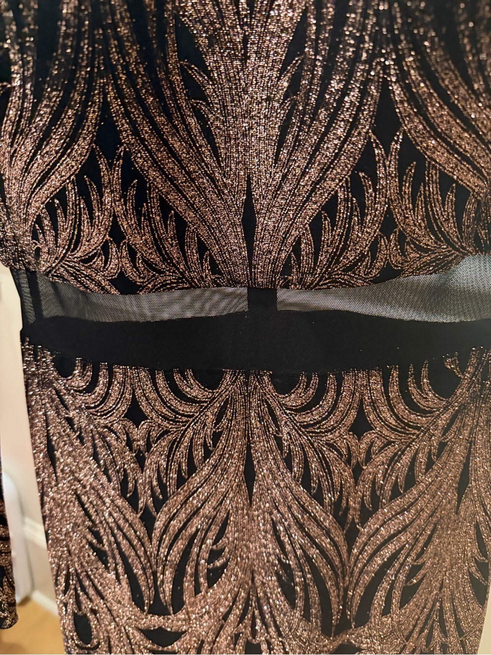 Betsy and Adam Long Sleeve Black and Rose Rose Gold Sparkle Evening Dress 4 - Picture 10 of 14